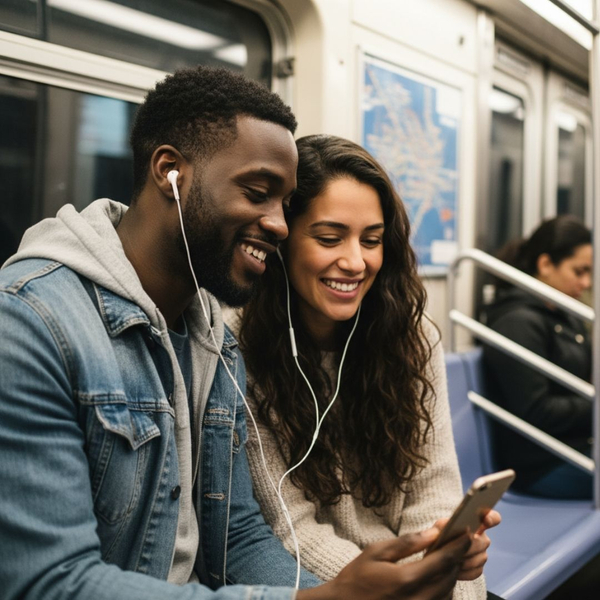 A diverse couple shares headphones, smiling and looking at a phone together on a New York subway train. A diverse couple shares headphones, smiling and looking at a phone together on a New York subway train.