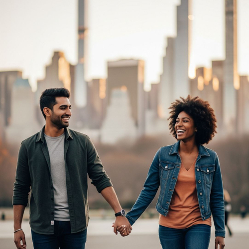 happy, diverse couple holds hands with the New York City skyline in the background happy, diverse couple holds hands with the New York City skyline in the background