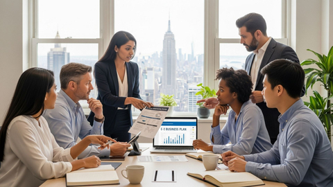 team of diverse professionals discussing an E-2 visa business plan in a New York City office