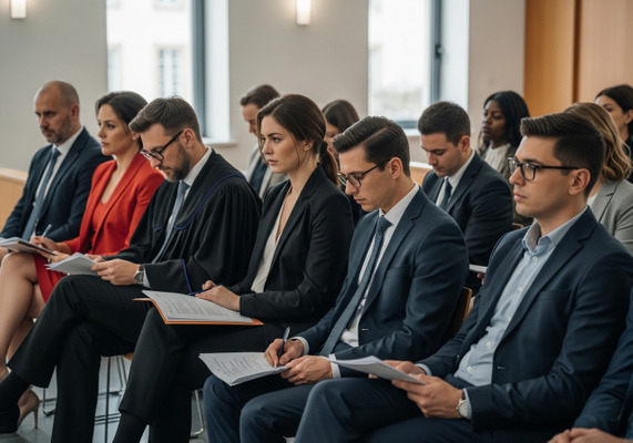 A diverse group of professionals, some in suits and one in a judge's robe, are seated in rows, intently taking notes during what appears to be a legal seminar or courtroom observation. Diverse Group Attending a Legal Seminar