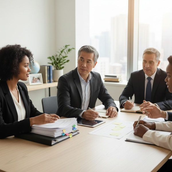 A diverse group of legal professionals sitting around a conference table in a modern office, conducting a strategy meeting.