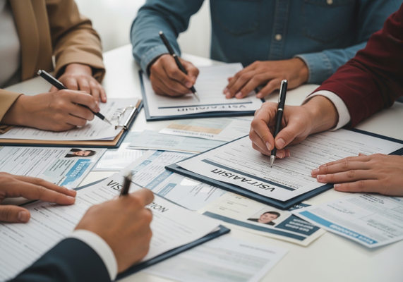 People filling out visa applications