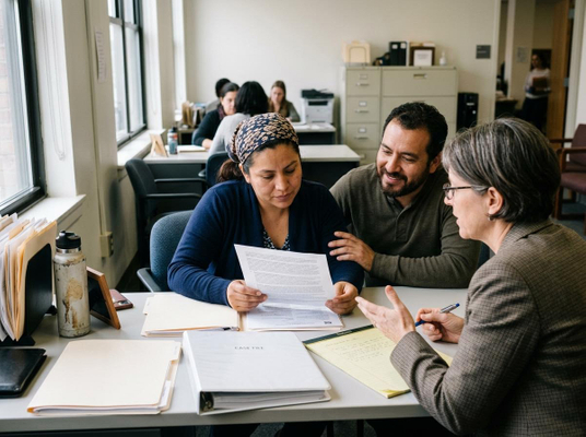 A couple meets with an advisor, reviewing a document at a desk with files. The woman reads, the man looks on smiling, and the advisor speaks. Clients Reviewing Documents with an Advisor in an Office