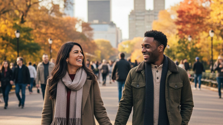 A diverse couple holding hands walks through a bustling New York park filled with autumn foliage, smiling at each other.