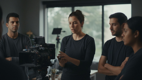 A female film director stands among her diverse crew, gesturing as she reviews a scene with them.