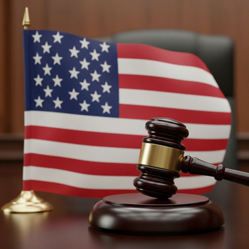 gavel resting next to a United States flag gavel resting next to a United States flag