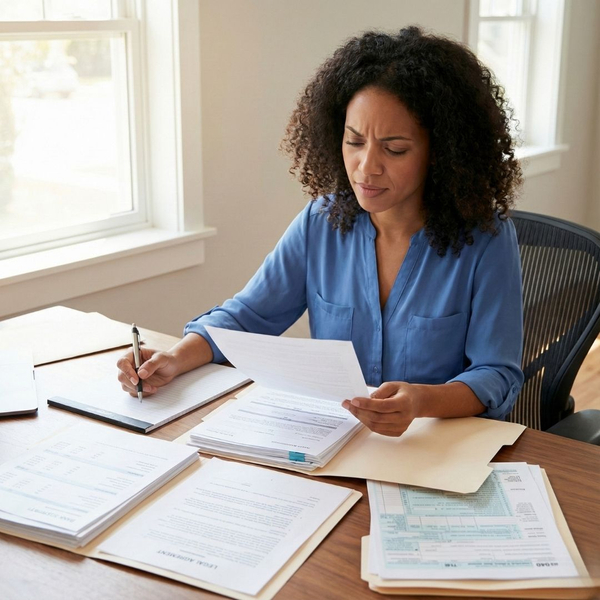 A professional woman sitting at a desk with a pen in hand, intently reviewing a stack of financial documents and bank statements to verify source of funds.