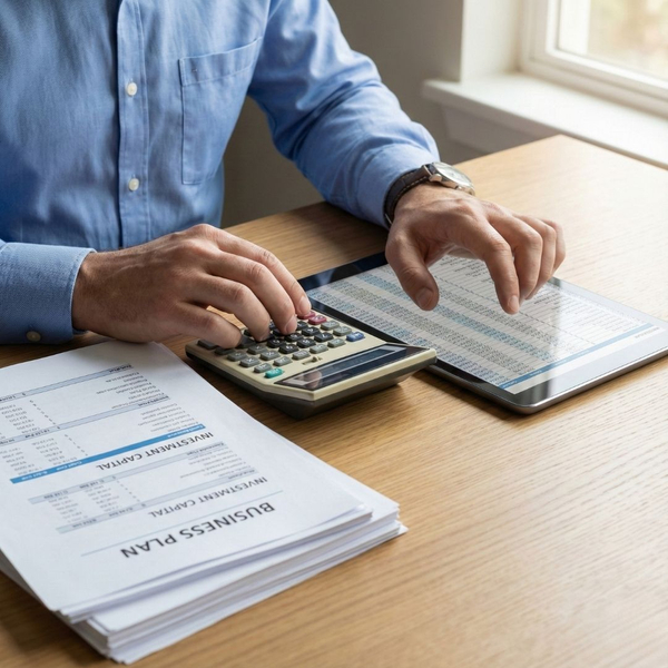 Close-up of a person's hands using a calculator and reviewing a spreadsheet on a tablet, representing the calculation of a substantial investment.
