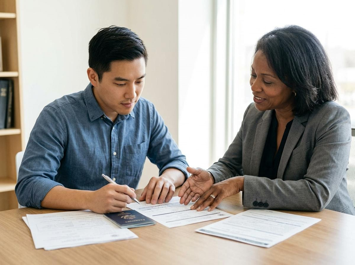 Man signing documents with female consultant