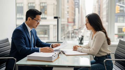 professional lawyer reviewing documents with a client