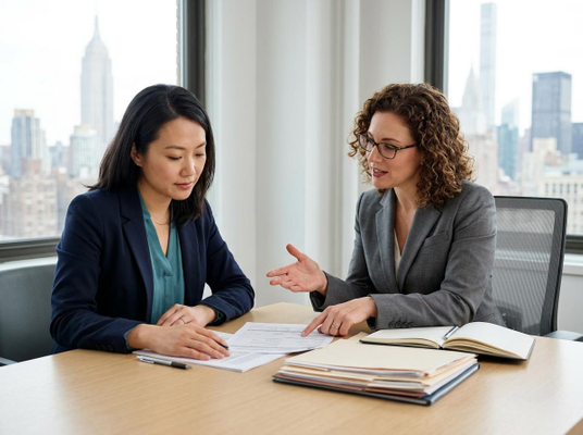 Two professional women review documents at an office desk with a cityscape view. One woman points to a paper, explaining to the other. Businesswomen Discussing Documents