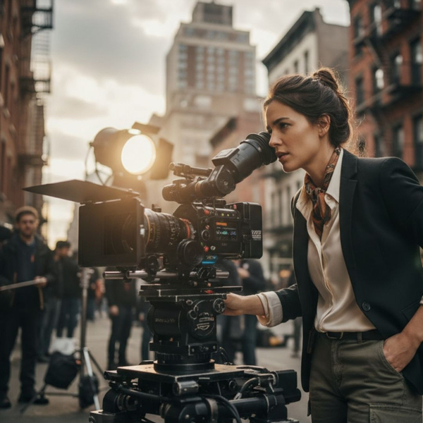 A confident female director is looking through a professional film camera on a city street set.  A confident female director is looking through a professional film camera on a city street set.