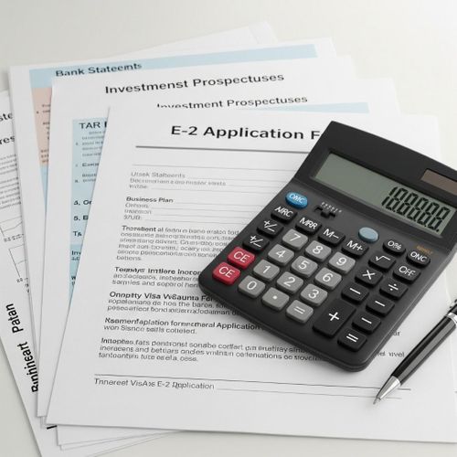 Financial documents and a calculator representing a substantial investment for an E-2 visa Financial documents and a calculator representing a substantial investment for an E-2 visa