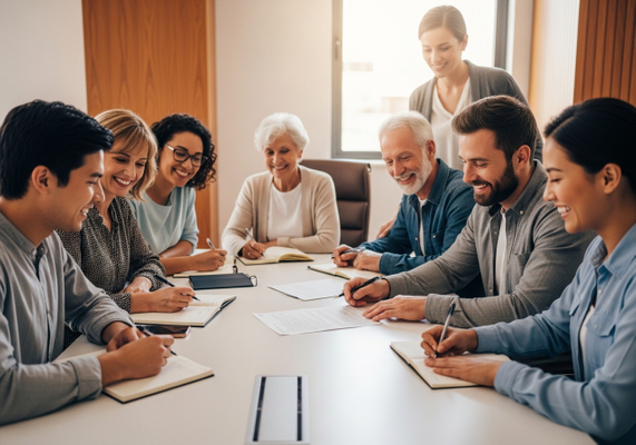 A group of diverse professionals are seated around a conference table, smiling and engaged in a meeting, with some taking notes in notebooks and others reviewing documents, fostering collaboration and teamwork. Diverse Team Meeting