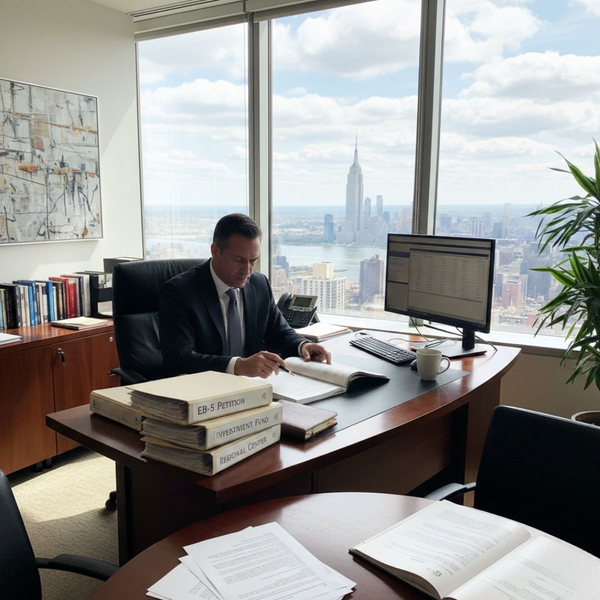 An immigration lawyer sitting at a high-rise desk in New York City with a view of the Empire State Building, reviewing binders labeled 'EB-5 Petition