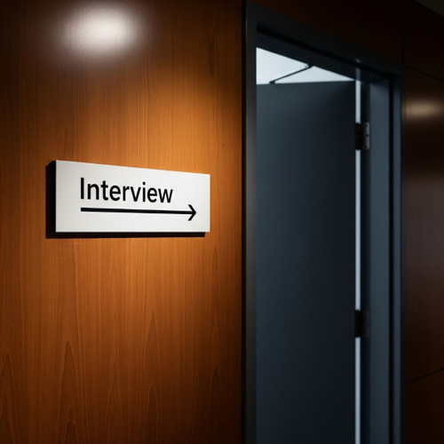 sign with the word 'Interview' and an arrow pointing to a closed door sign with the word 'Interview' and an arrow pointing to a closed door