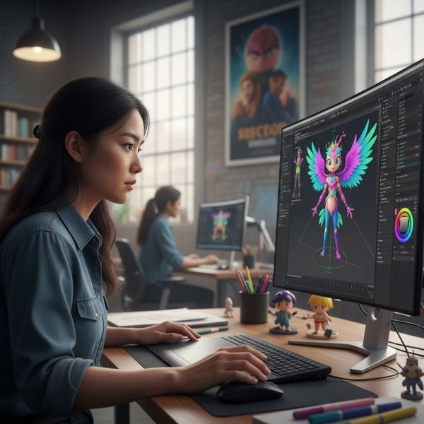 A focused animator with dark hair works on a vibrant 3D character model on a large computer screen in a modern office. A focused animator with dark hair works on a vibrant 3D character model on a large computer screen in a modern office.