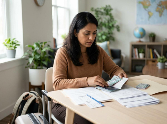 A woman sits at a table, organizing her passport, tickets, and other papers while preparing for a trip. A suitcase and backpack are nearby. Woman preparing travel documents at home