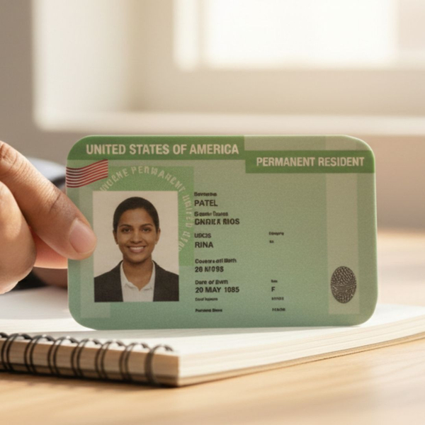 A close-up of a hand holding a United States Permanent Resident card, commonly known as a Green Card
