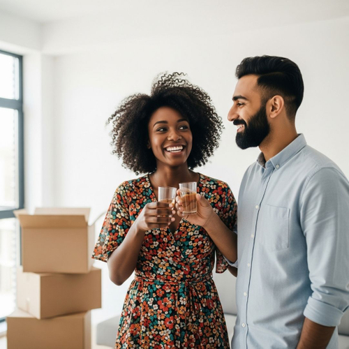diverse couple makes a celebratory toast in their new home diverse couple makes a celebratory toast in their new home