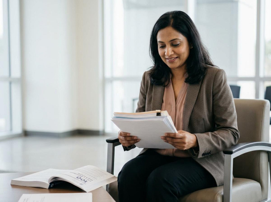 A smiling professional woman in a blazer reviews a stack of documents while seated in a modern office with an open book nearby. Professional Woman Reviewing Documents