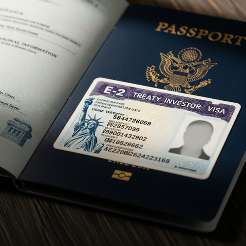 passport with a visa, symbolizing the E-2 treaty investor visa passport with a visa, symbolizing the E-2 treaty investor visa