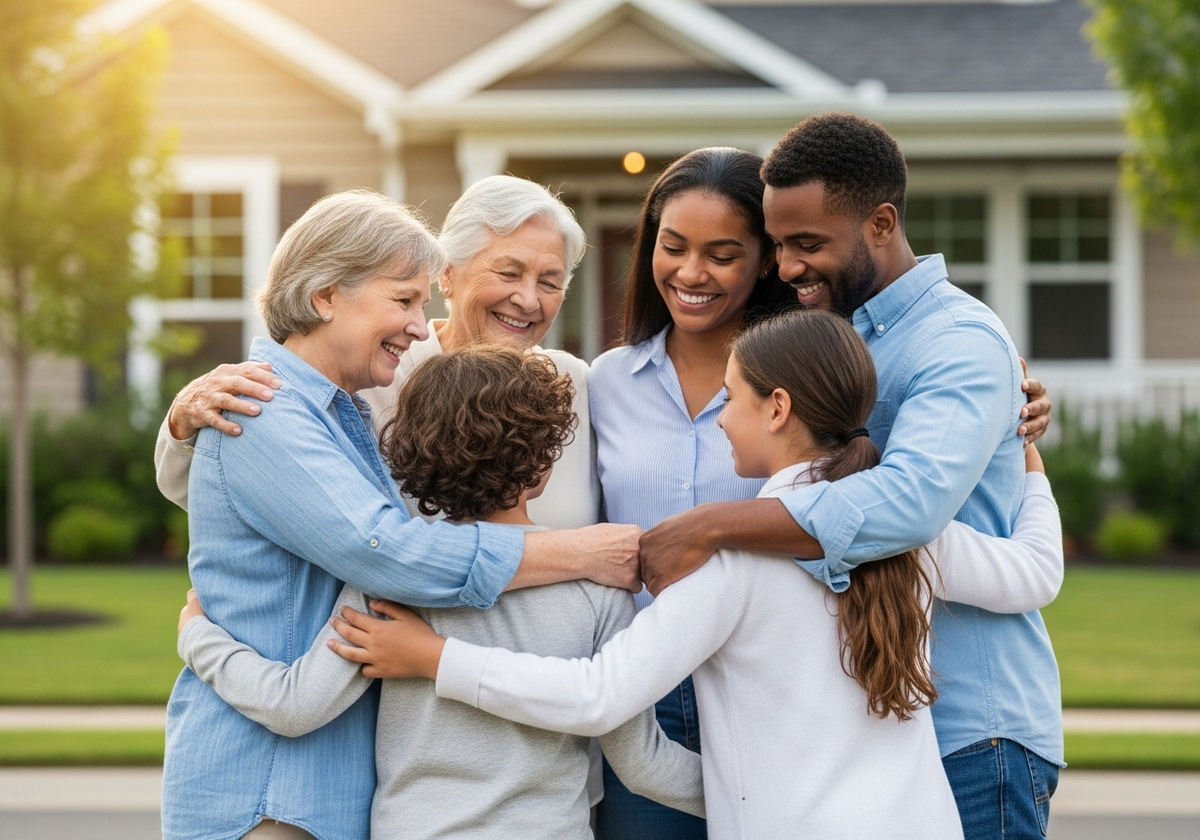 Multigenerational family hug in front of house