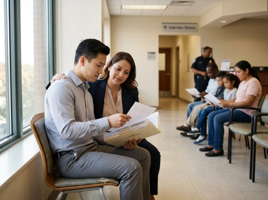 Diverse group of people reviewing documents in a waiting room