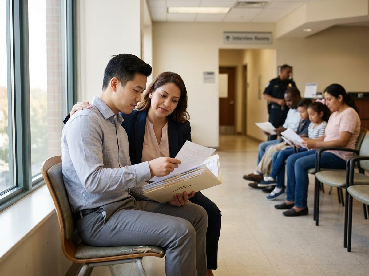 Diverse group of people reviewing documents in a waiting room