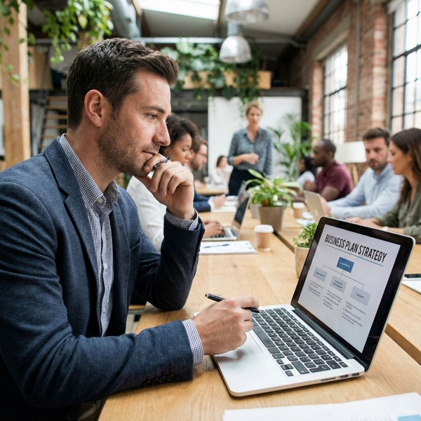 A man in a modern co-working space looking at a laptop screen displaying a business plan flowchart, symbolizing strategic business planning.