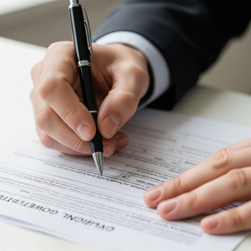 person's hands carefully filling out an official government form