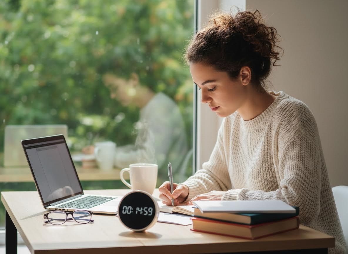 Focused woman studying or working from home