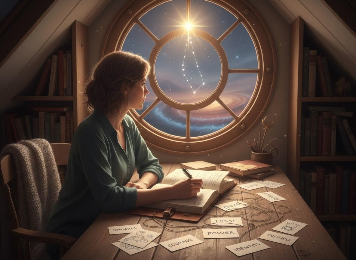 A woman writing in an attic room with a celestial view
