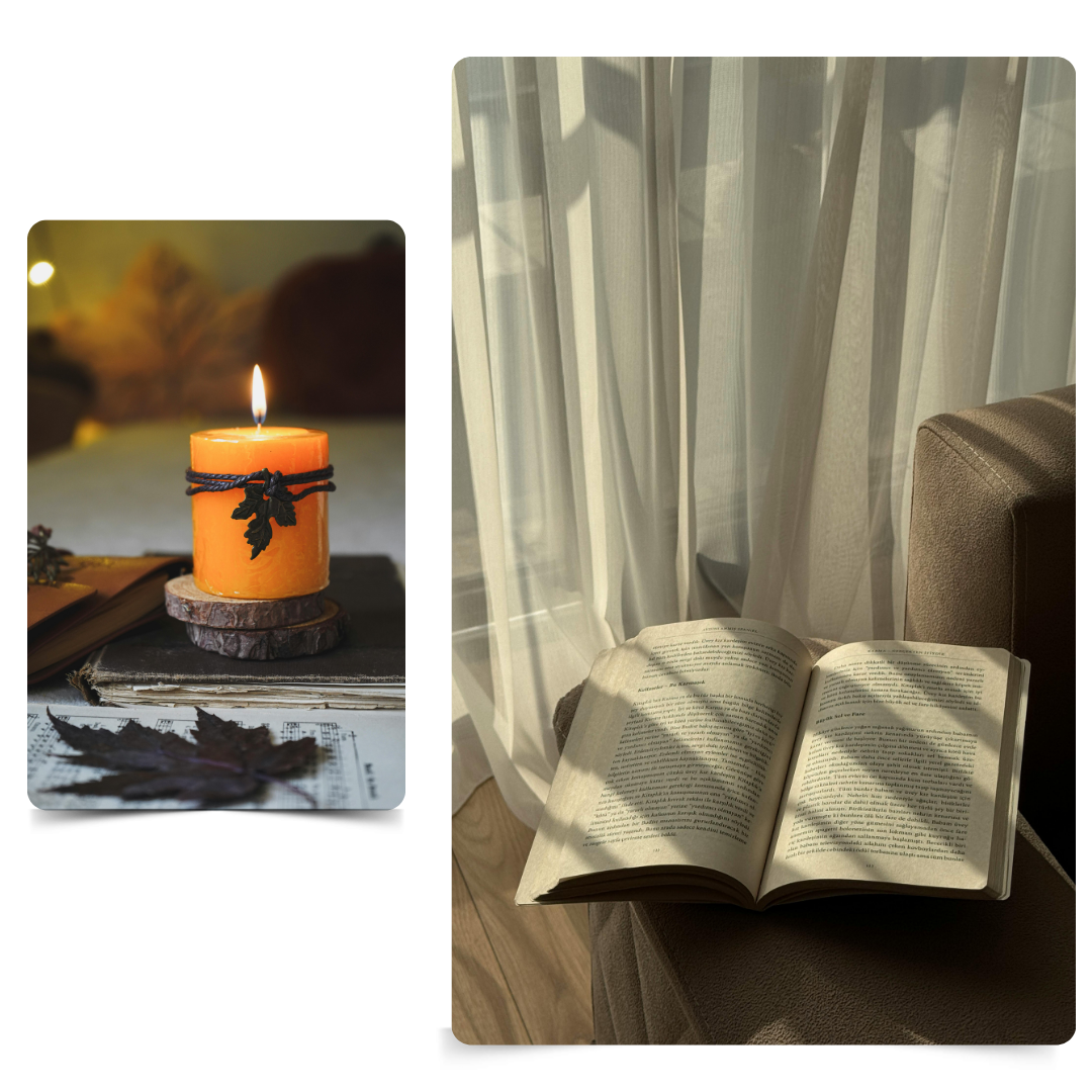side by side image of a lit candle and an open book.