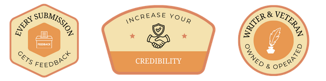 trust badges with the words "every submission gets feedback," "increase your credibillity," and "writer and veteran owned and operated."