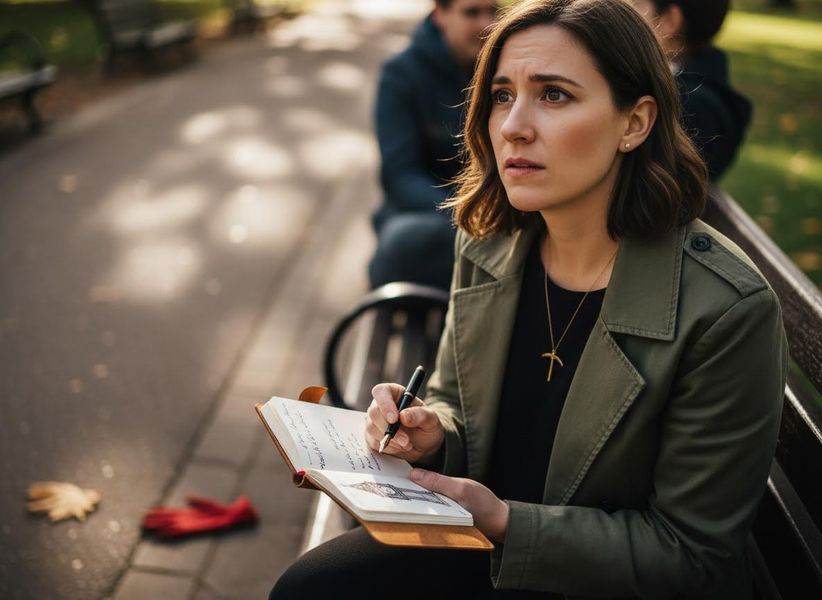 Woman writing in a notebook on a park bench