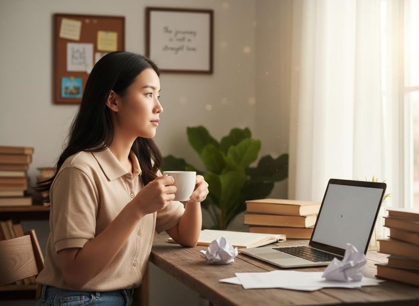 Thoughtful woman with coffee at home office