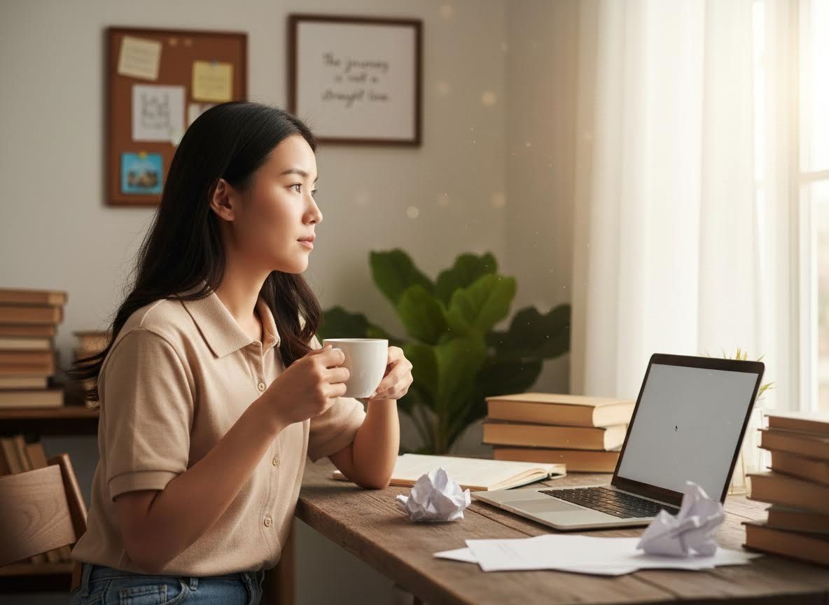 Thoughtful woman with coffee at home office
