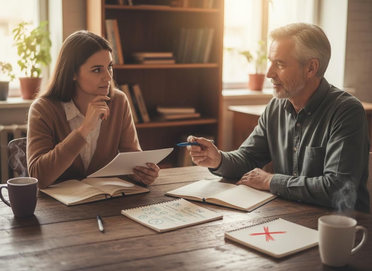 Man and woman discussing work at a wooden table