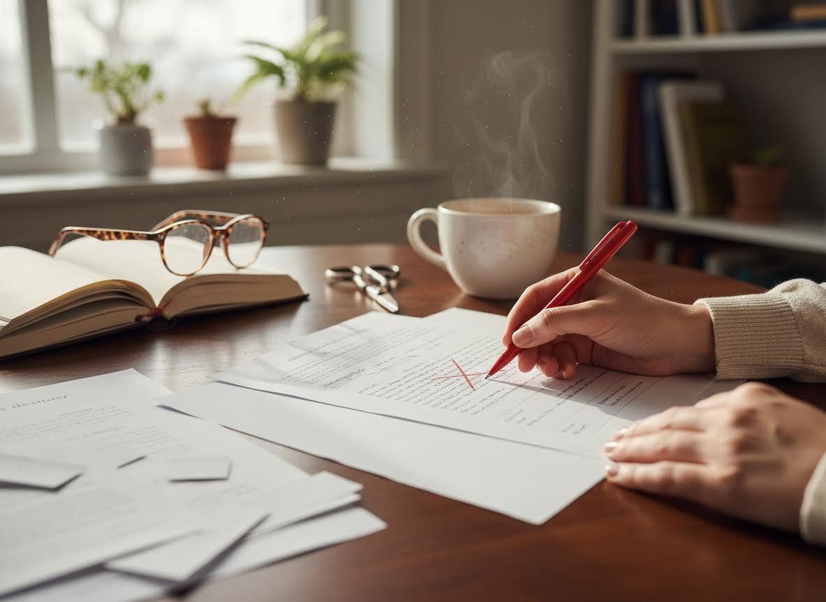 Person editing documents with a red pen at a cozy desk
