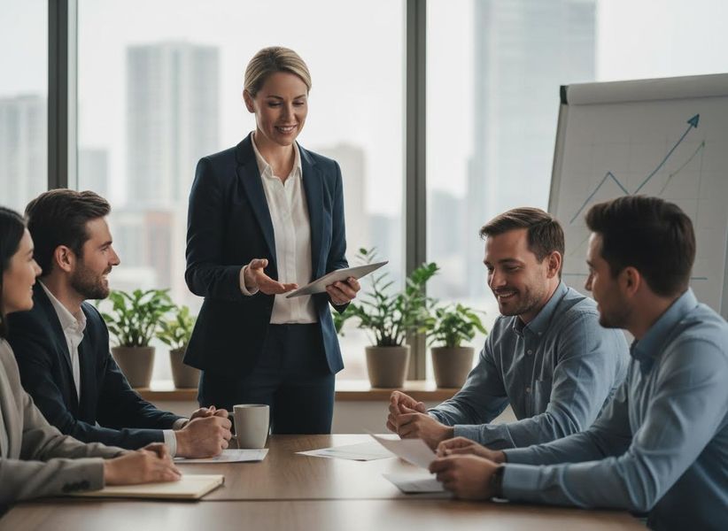 Woman presenting during a business meeting