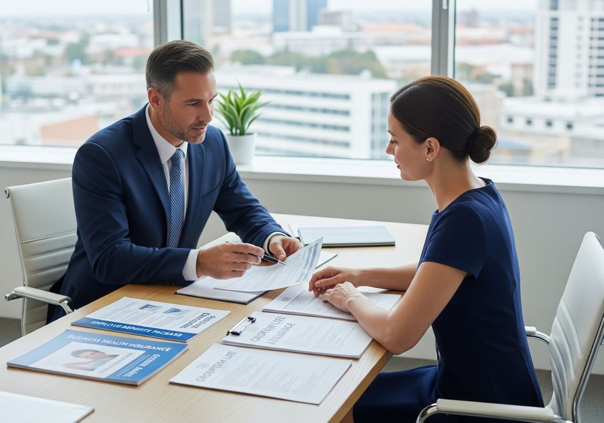 A male consultant in a suit discussing insurance documents with a female client in a high-rise office.