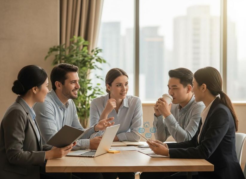 Five diverse professionals discussing work around a table in a bright modern office with city views. Laptops, tablets, and digital icons are visible. Diverse Business Professionals Collaborating in Meeting