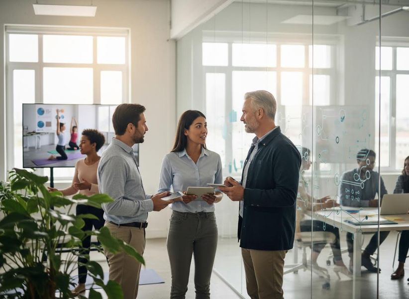 Three business colleagues talk, holding tablets, in a modern office. In the background, a screen shows yoga, and a woman participates. Others work behind glass. Business colleagues discussing with tablets in a modern office