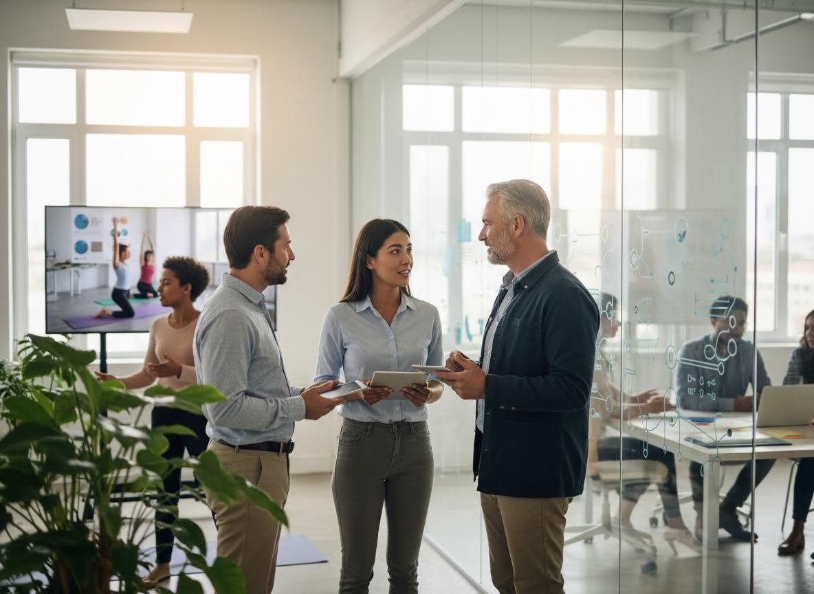 Business colleagues discussing with tablets in a modern office