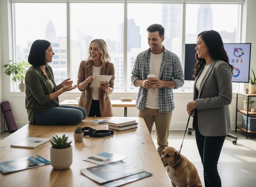 Four smiling colleagues and a yellow Labrador dog are in a bright, modern office with large windows, engaged in a cheerful conversation. Diverse Team Collaboration with a Dog in a Modern Office