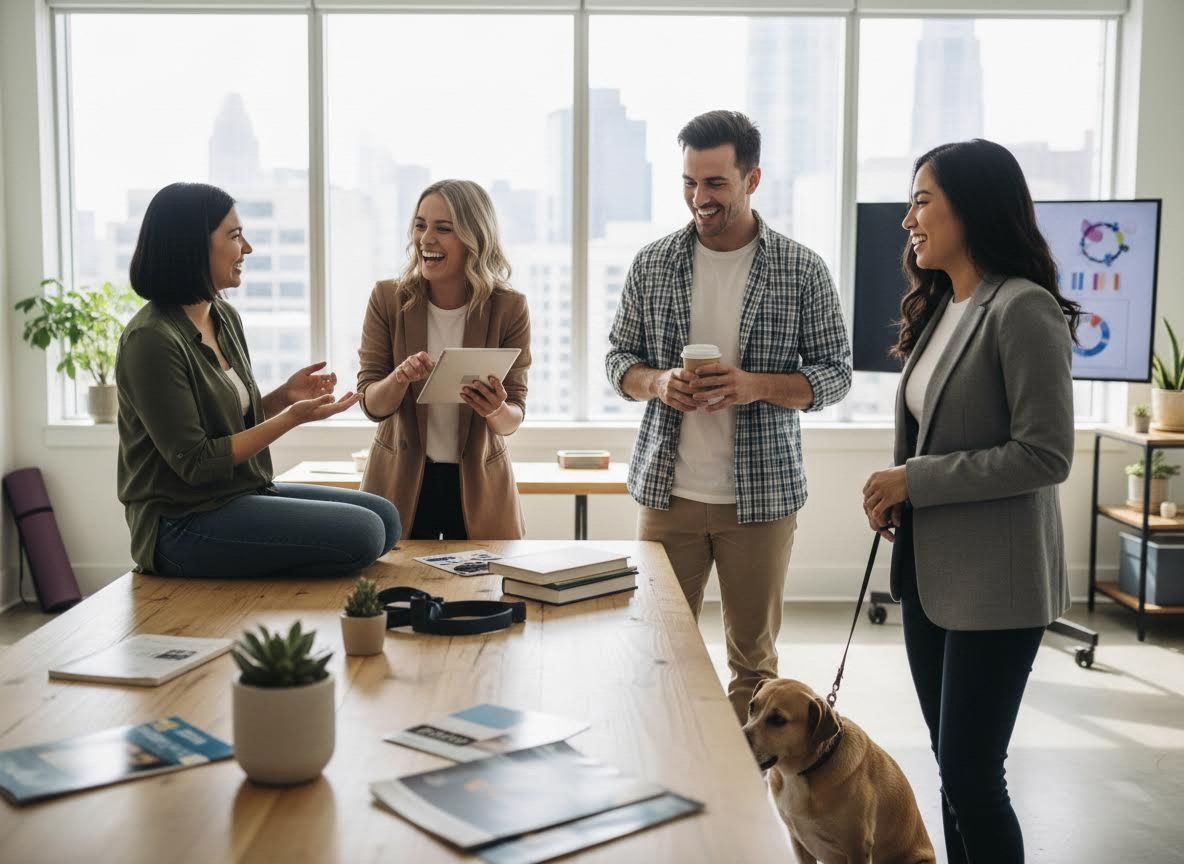 Diverse Team Collaboration with a Dog in a Modern Office