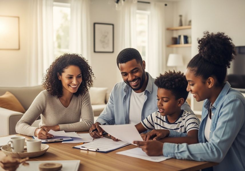 A smiling family of four, including two parents and two children, sitting together at a dining table reviewing and signing documents.
