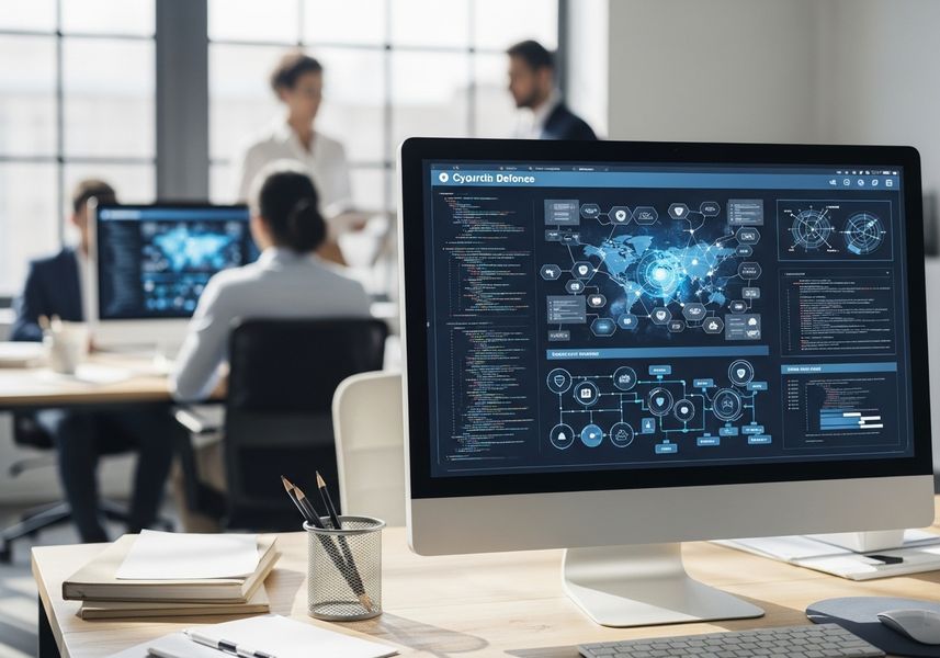 A close-up of a computer monitor displaying a "Cybersecurity Defense" dashboard with global maps and data visualizations in a busy office.