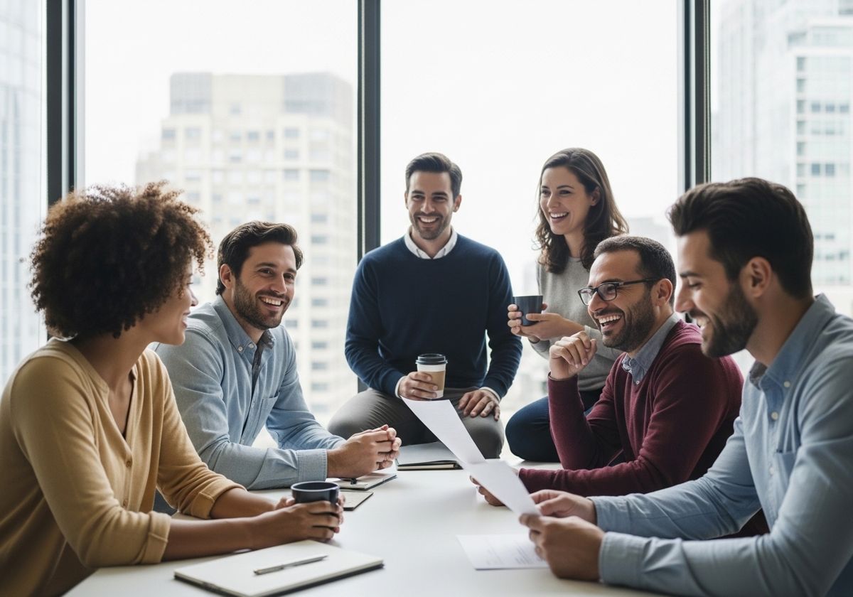 A group of coworkers sitting around a conference table, smiling and reviewing documents together in a high-rise office.